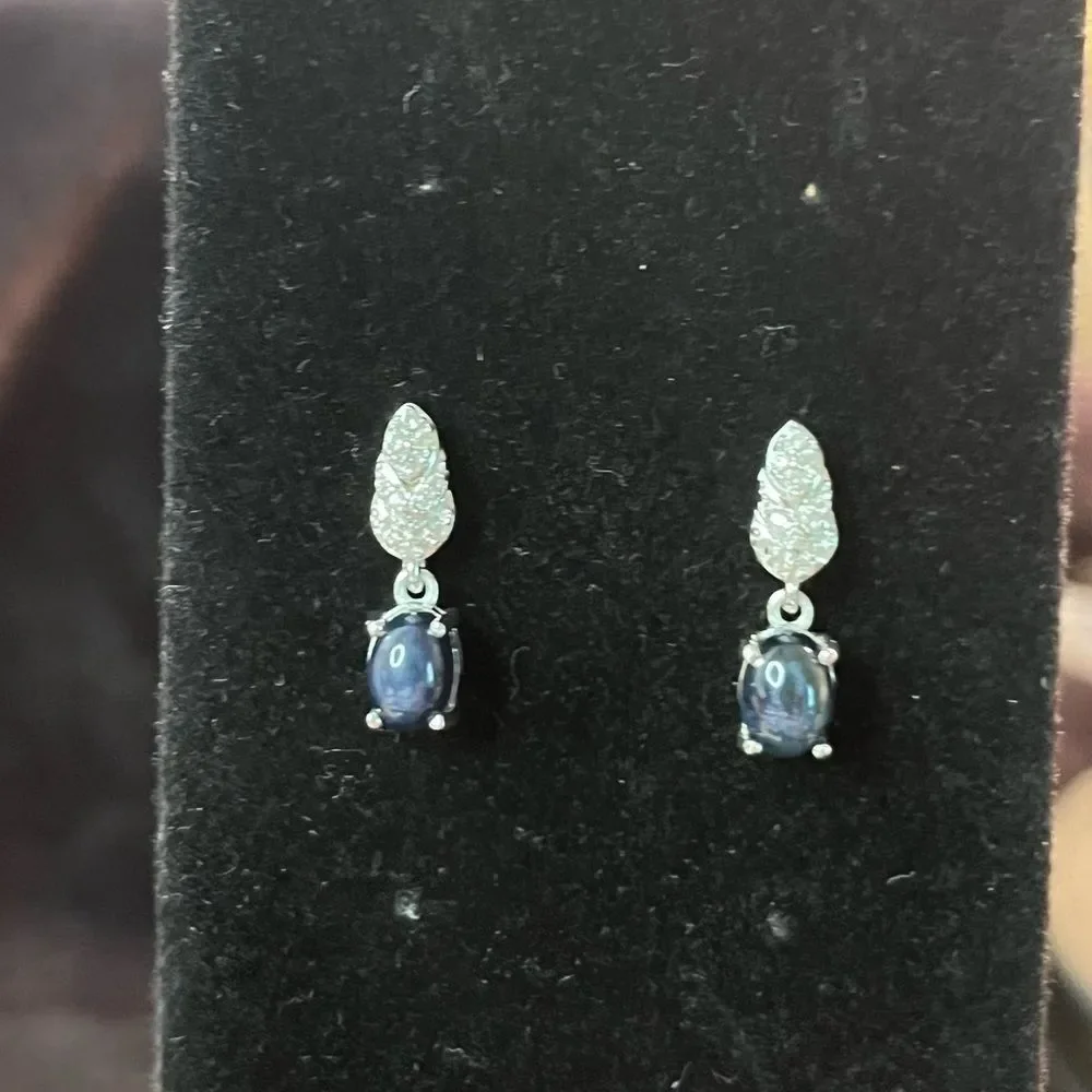 Blue Star Sapphire & Natural White Zircon Dangle Earrings Platinum / Sterling